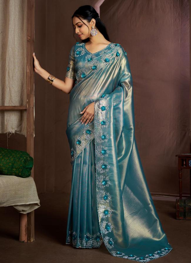 Jimmy Silk Sky Blue Wedding Wear Hand Work Saree